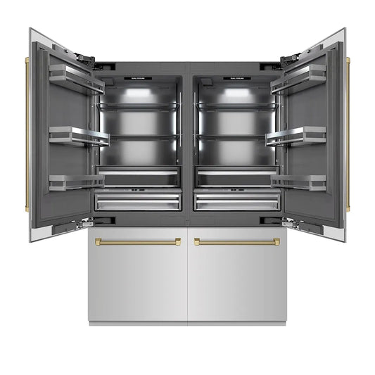 ZLINE Autograph Edition 60 in. 32.2 cu. ft. French Door Built-In Bottom Freezer Refrigerator with Water Dispenser and Ice Maker in Stainless Steel with Graphite Gray Interior and Champagne Bronze Helix Handles (GRBIVZ-30460KCB) main image.