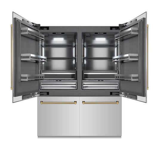 ZLINE Autograph Edition 60 in. 32.2 cu. ft. French Door Built-In Bottom Freezer Refrigerator with Water Dispenser and Ice Maker in Stainless Steel with Graphite Gray Interior and Polished Gold Helix Handles (GRBIVZ-30460KG)