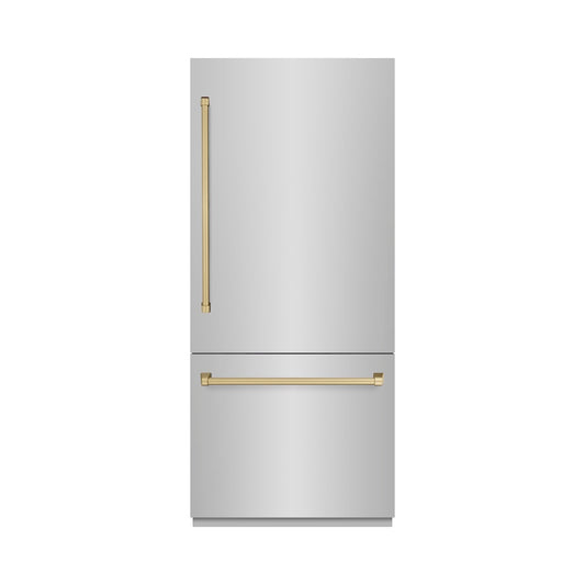 ZLINE Autograph Edition 36 in. 19.8 cu. ft. Built-In Bottom Freezer Refrigerator with Water Dispenser and Ice Maker in Stainless Steel with Champagne Bronze Accents (RBITZ-304-36CB) front, closed.