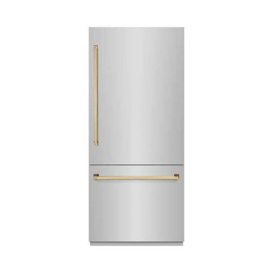 ZLINE Autograph Edition 36 in. 19.8 cu. ft. Built-In Bottom Freezer Refrigerator with Water Dispenser and Ice Maker in Stainless Steel with Polished Gold Accents (RBITZ-304-36G) front, closed.