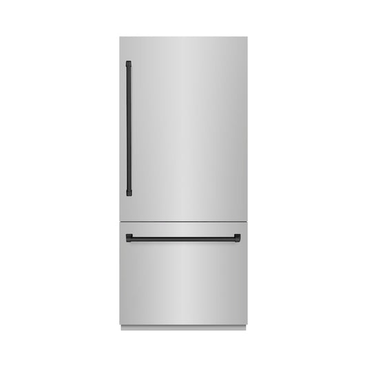 ZLINE Autograph Edition 36 in. 19.8 cu. ft. Built-In Bottom Freezer Refrigerator with Water Dispenser and Ice Maker in Stainless Steel with Matte Black Accents (RBITZ-304-36MB) front, closed.