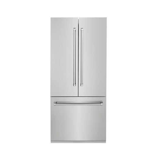 ZLINE 36 in. 19.6 cu. ft. French Door Built-In Bottom Freezer Refrigerator with Water Dispenser and Ice Maker in Stainless Steel (RBIV-304-36) front, closed.