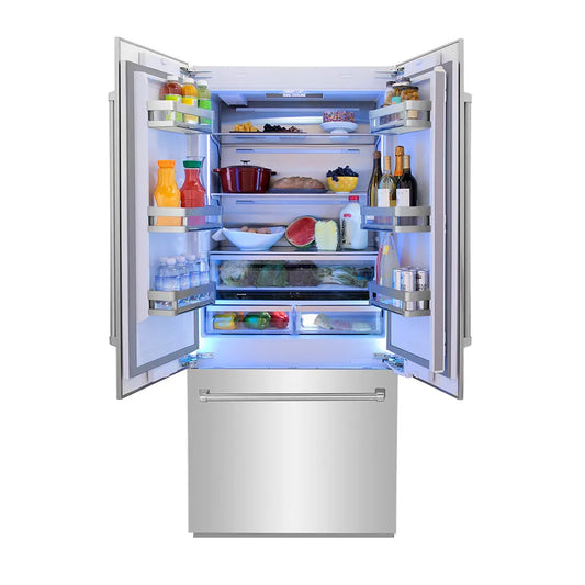 ZLINE 36 in. 19.6 cu. ft. French Door Built-In Bottom Freezer Refrigerator with Water Dispenser and Ice Maker in Stainless Steel (RBIV-304-36) front, open, with various food items inside.