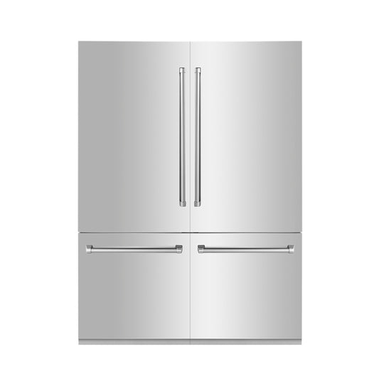 ZLINE 60 in. 32.2 cu. ft. French Door Built-In Bottom Freezer Refrigerator with Water Dispensers and Ice Makers in Stainless Steel (RBIV-304-60) front, closed.