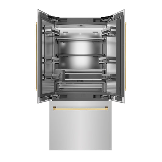 ZLINE Autograph Edition 36 in. 19.6 cu. ft. French Door Built-In Bottom Freezer Refrigerator with Water Dispenser and Ice Maker in Stainless Steel with Stainless Steel Interior and Polished Gold Accents (SRBIVZ-304-36G) front, refrigeration compartment and bottom freezer open.