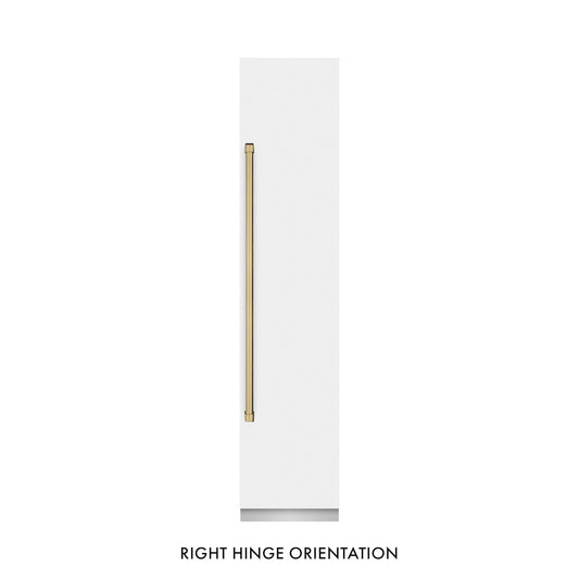 ZLINE Autograph Edition 18 in. 8.6 cu. ft. Right Hinge Column Freezer in White Matte with Graphite Gray Interior and Champagne Bronze Accents (RCFVRZ-WM-18-CB) front, closed.