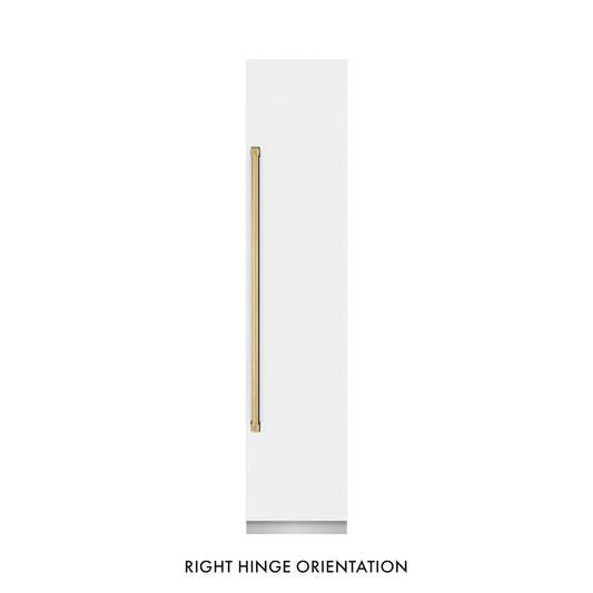 ZLINE Autograph Edition 18 in. 8.6 cu. ft. Right Hinge Column Freezer in White Matte with Graphite Gray Interior and Polished Gold Accents (RCFVRZ-WM-18-G) front, closed.