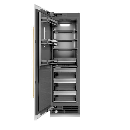 ZLINE Autograph Edition 24 in. 12.4 cu. ft. Column Freezer in White Matte with Graphite Gray Interior and Champagne Bronze Accents (RCFVZ-WM-24-CB) front, open.
