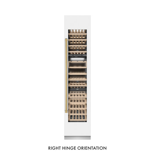 ZLINE Autograph Edition 18 in. 9.0 cu. ft. Triple Zone 68 Bottle Right Hinge Column Wine Cooler in White Matte with Polished Gold Accents (RCWVRZ-WM-18-G) front, closed.