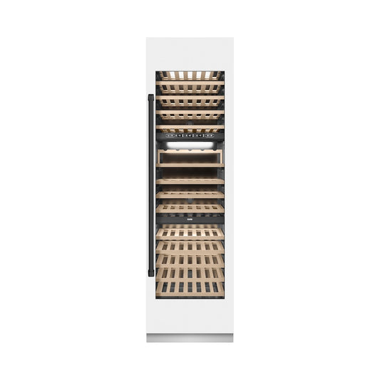 ZLINE Autograph Edition 24 in. 12.4 cu. ft. Triple Zone 100 Bottle Column Wine Cooler in White Matte and Matte Black Accents (RCWVZ-WM-24-MB) front, closed.