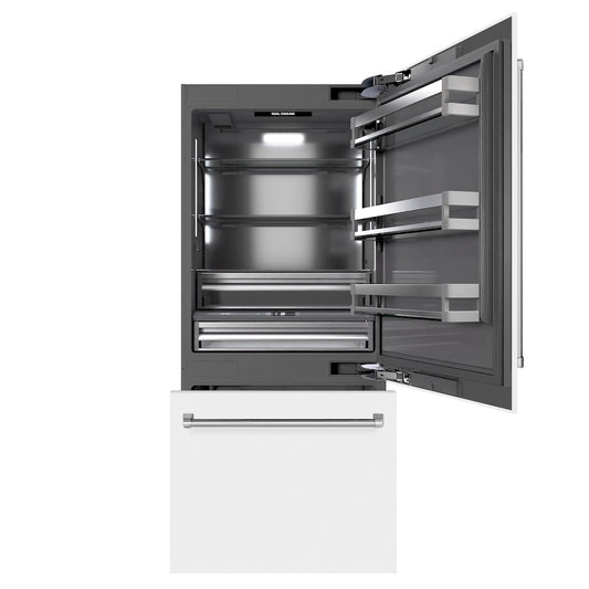 ZLINE 36 in. 19.8 cu. ft. Built-In Bottom Freezer Refrigerator with Water Dispenser and Ice Maker in White Matte with Graphite Gray Interior (GRBIT-WM-36) front, open.