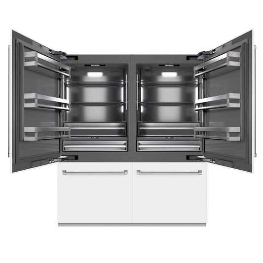 ZLINE 72 in. 39.6 cu. ft. French Door Built-In Bottom Freezer Refrigerator with Water Dispensers and Ice Makers in White Matte with Graphite Gray Interior (GRBIT-WM-72) front, open.