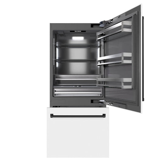 ZLINE Autograph Edition 36 in. 19.8 cu. ft. Built-In Bottom Freezer Refrigerator with Water Dispenser and Ice Maker in White Matte with Graphite Gray Interior and Matte Black Accents (GRBITZ-WM-36-MB) front, open.