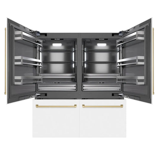ZLINE Autograph Edition 72 in. 39.6 cu. ft. French Door Built-In Bottom Freezer Refrigerator with Water Dispensers and Ice Makers in White Matte with Graphite Gray Interior and Champagne Bronze Accents (GRBITZ-WM-72-CB) main image.