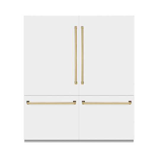 ZLINE Autograph Edition 72 in. 39.6 cu. ft. French Door Built-In Bottom Freezer Refrigerator with Water Dispensers and Ice Makers in White Matte with Graphite Gray Interior and Polished Gold Accents (GRBITZ-WM-72-G) front, closed.