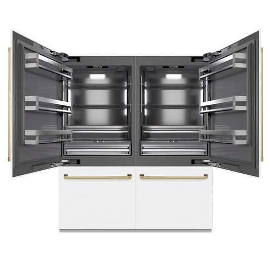 ZLINE Autograph Edition 72 in. 39.6 cu. ft. French Door Built-In Bottom Freezer Refrigerator with Water Dispensers and Ice Makers in White Matte with Graphite Gray Interior and Polished Gold Accents (GRBITZ-WM-72-G) main image.