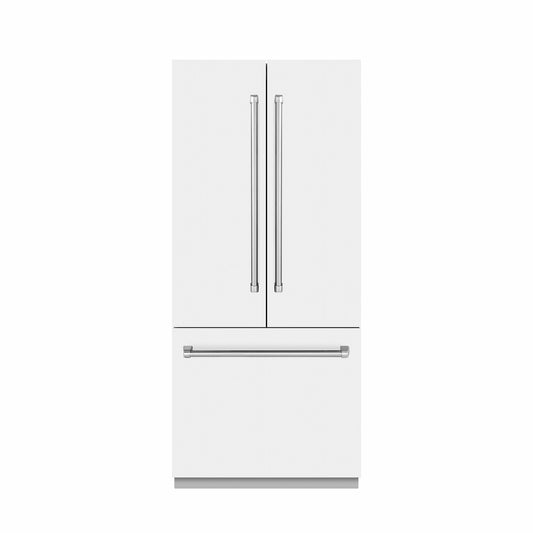ZLINE 36 in. 19.6 cu. ft. French Door Built-In Bottom Freezer Refrigerator with Water Dispenser and Ice Maker in White Matte with Graphite Gray Interior (GRBIV-WM-36) front, closed.