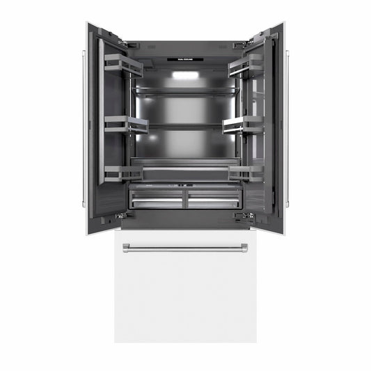 ZLINE 36 in. 19.6 cu. ft. French Door Built-In Bottom Freezer Refrigerator with Water Dispenser and Ice Maker in White Matte with Graphite Gray Interior (GRBIV-WM-36) front, open.