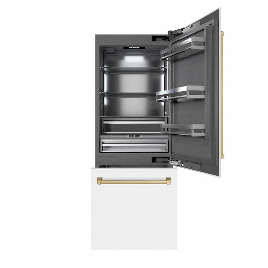 ZLINE Autograph Edition 30 in. 16.1 cu. ft. Built-In Bottom Freezer Refrigerator with Water Dispenser and Ice Maker in White Matte with Graphite Gray Interior and Champagne Bronze Accents (GRBIVZ-WM-30-CB) front, refrigeration compartment and bottom freezer open.