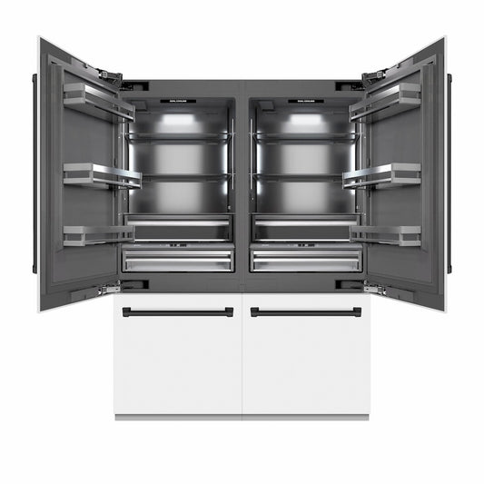 ZLINE Autograph Edition 60 in. 32.2 cu. ft. French Door Built-In Bottom Freezer Refrigerator with Water Dispenser and Ice Maker in White Matte with Graphite Gray Interior and Matte Black Accents (GRBIVZ-WM-60-MB) front, refrigeration compartment open.