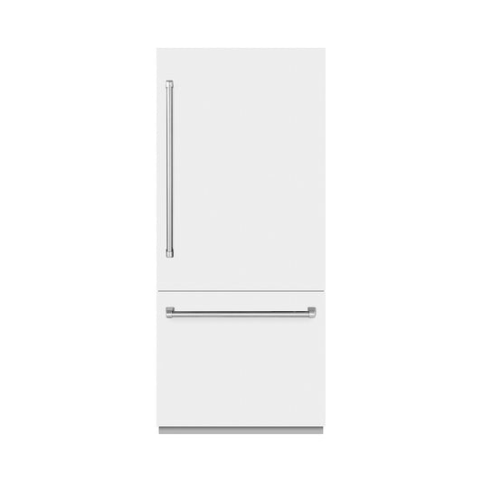 ZLINE 36 in. 19.8 cu. ft. Built-In Bottom Freezer Refrigerator with Water Dispenser and Ice Maker in White Matte (RBIT-WM-36) front, closed.