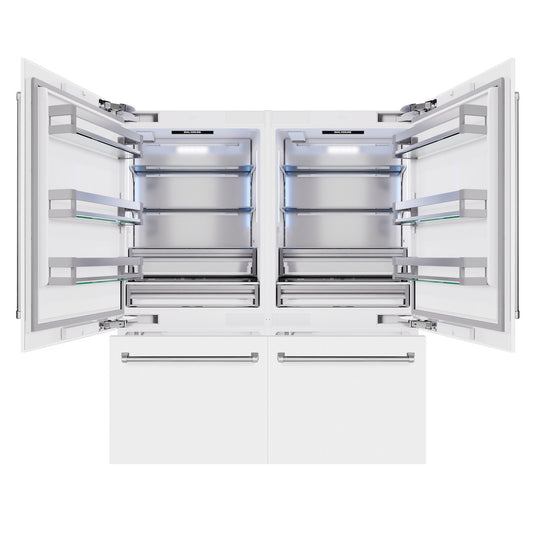 ZLINE 72 in. 39.6 cu. ft. French Door Built-In Bottom Freezer Refrigerator with Water Dispensers and Ice Makers in White Matte (RBIT-WM-72) front, open.
