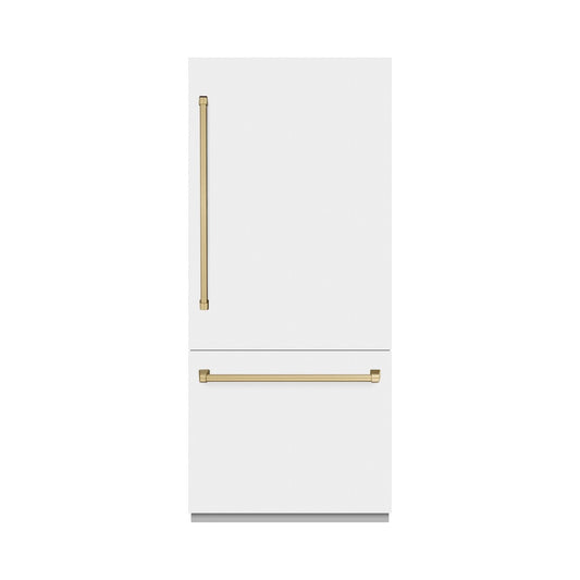 ZLINE Autograph Edition 36 in. 19.8 cu. ft. Built-In Bottom Freezer Refrigerator with Water Dispenser and Ice Maker in White Matte and Champagne Bronze Accents (RBITZ-WM-36-CB) front, closed.