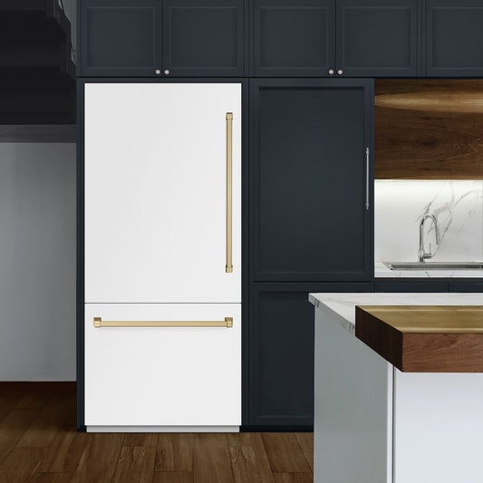 ZLINE Autograph Edition 36 in. 19.8 cu. ft. Built-In Bottom Freezer Refrigerator with Water Dispenser and Ice Maker in White Matte and Champagne Bronze Accents (RBITZ-WM-36-CB) lifestyle, in a luxury kitchen.