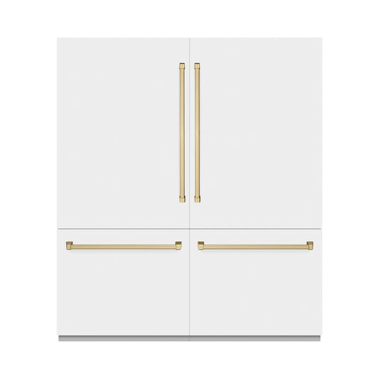 ZLINE Autograph Edition 72 in. 39.6 cu. ft. French Door Built-In Bottom Freezer Refrigerator with Water Dispensers and Ice Makers in White Matte and Champagne Bronze Accents (RBITZ-WM-72-CB) front, closed.