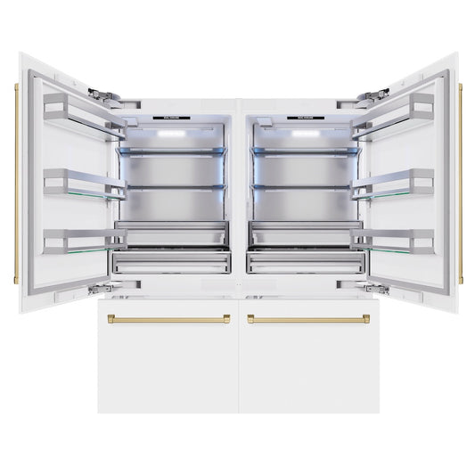 ZLINE Autograph Edition 72 in. 39.6 cu. ft. French Door Built-In Bottom Freezer Refrigerator with Water Dispensers and Ice Makers in White Matte and Champagne Bronze Accents (RBITZ-WM-72-CB) front, open.