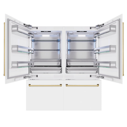 ZLINE Autograph Edition 72 in. 39.6 cu. ft. French Door Built-In Bottom Freezer Refrigerator with Water Dispensers and Ice Makers in White Matte and Polished Gold Accents (RBITZ-WM-72-G) front, open.