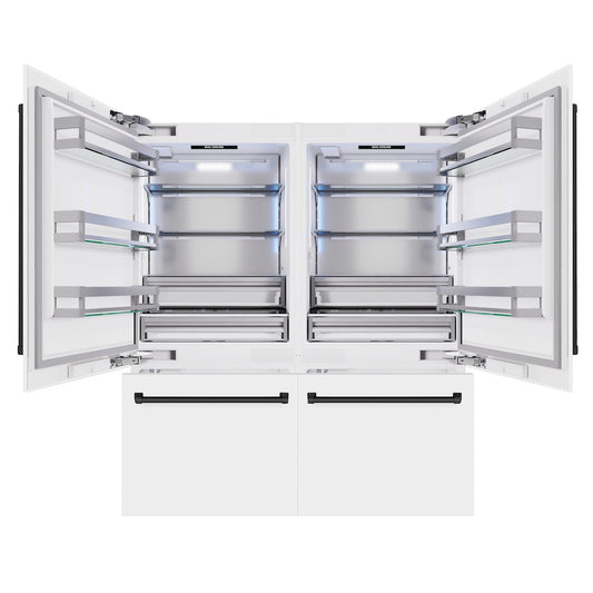 ZLINE Autograph Edition 72 in. 39.6 cu. ft. French Door Built-In Bottom Freezer Refrigerator with Water Dispensers and Ice Makers in White Matte and Matte Black Accents (RBITZ-WM-72-MB) front, open.