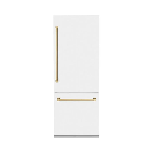 ZLINE Autograph Edition 30 in. 16.1 cu. ft. Built-In Bottom Freezer Refrigerator with Water Dispenser and Ice Maker in White Matte with Champagne Bronze Accents (RBIVZ-WM-30-CB) main image.