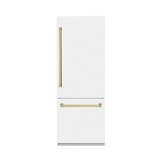 ZLINE Autograph Edition 30 in. 16.1 cu. ft. Built-In Bottom Freezer Refrigerator with Water Dispenser and Ice Maker in White Matte with Polished Gold Accents (RBIVZ-WM-30-G) main image.