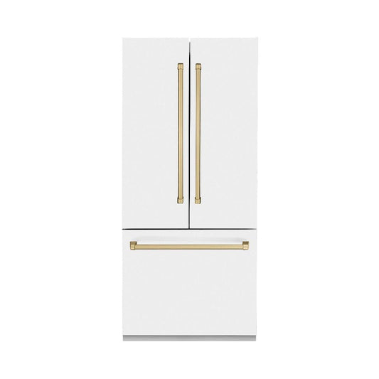 ZLINE Autograph Edition 36 in. 19.6 cu. ft. Built-in 3-Door French Door Refrigerator with Internal Water and Ice Dispenser in White Matte with Champagne Bronze Accents (RBIVZ-WM-36-CB)
