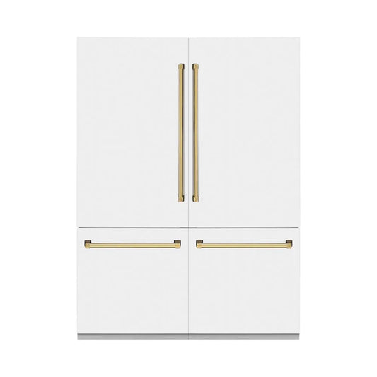 ZLINE Autograph Edition 60 in. 32.2 cu. ft. French Door Built-In Bottom Freezer Refrigerator with Water Dispenser and Ice Maker in White Matte with Polished Gold Accents (RBIVZ-WM-60-G) main image.