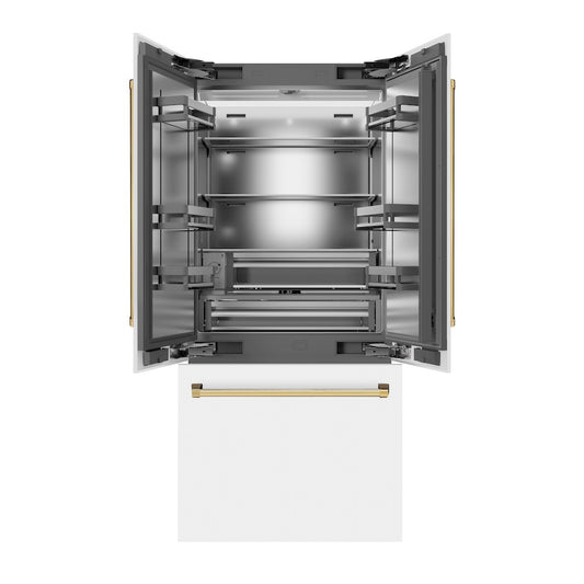ZLINE Autograph Edition 36 in. 19.6 cu. ft. French Door Built-In Bottom Freezer Refrigerator with Water Dispenser and Ice Maker in White Matte with Stainless Steel Interior and Polished Gold Accents (SRBIVZ-WM-36-G) front, refrigeration compartment and bottom freezer open.