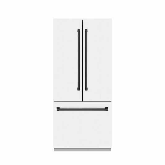 ZLINE Autograph Edition 36 in. 19.6 cu. ft. French Door Built-In Bottom Freezer Refrigerator with Water Dispenser and Ice Maker in White Matte with Stainless Steel Interior and Matte Black Accents (SRBIVZ-WM-36-MB) front, closed.