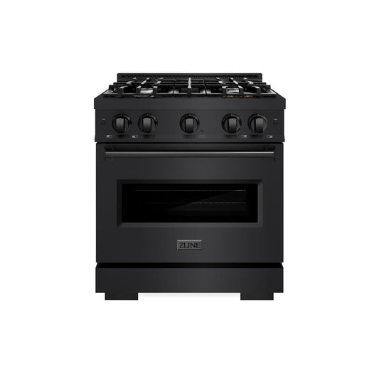 ZLINE 30 in. 4.2 cu. ft. Classic Gas Range with 4 Burner Cooktop and Convection Gas Oven in Black Stainless Steel (CGRB-30) front, oven closed.