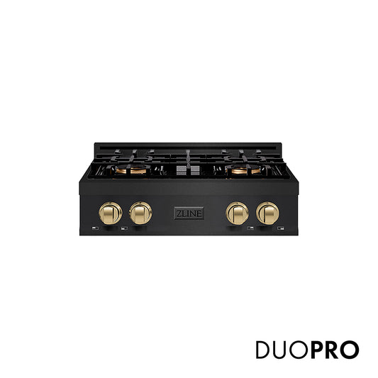 ZLINE Autograph Edition 30 in. Classic Gas Rangetop with 4 Burner DuoPro™ Cooktop in Black Stainless Steel and Champagne Bronze Accents (PCRTBZ-30-CB)