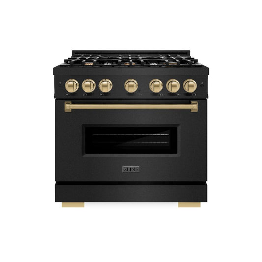 ZLINE Autograph Edition 36 in. 5.2 cu. ft. Classic Dual Fuel Range with 6 Burner Gas Cooktop and Electric Convection Oven in Black Stainless Steel with Champagne Bronze Accents (CDRBZ-36-CB) front, oven closed.