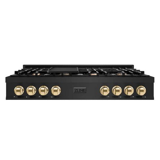ZLINE Autograph Edition 48 in. Classic Gas Rangetop with 8 Burners and Porcelain Cooktop in Black Stainless Steel with Polished Gold Accents (RTBZ-48-G) main image.