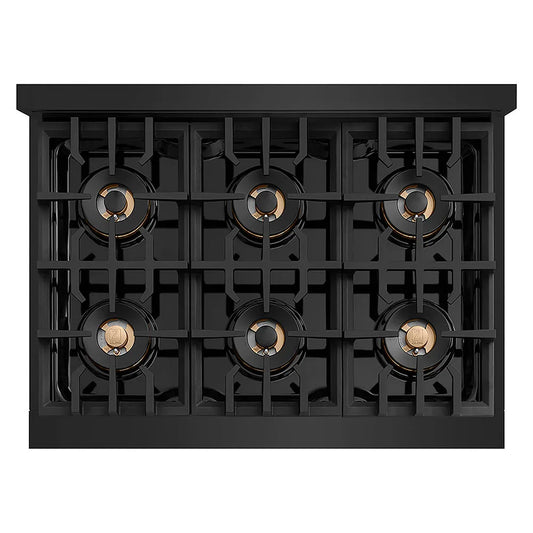 ZLINE Autograph Edition 36 in. Classic Gas Rangetop with 6 Burner DuoPro™ Cooktop in Black Stainless Steel and Champagne Bronze Accents (PCRTBZ-36-CB) top-down, above cooktop.