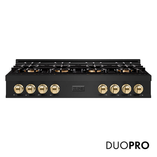 ZLINE Autograph Edition 48 in. Classic Gas Rangetop with 8 Burner DuoPro™ Cooktop in Black Stainless Steel and Polished Gold Accents (PCRTBZ-48-G)