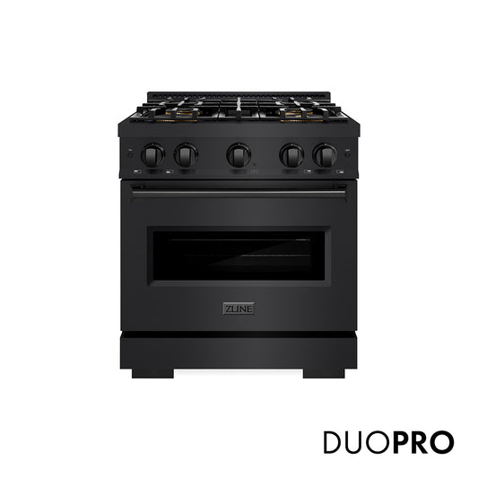 ZLINE 30 in. 4.2 cu. ft. Classic Dual Fuel Range with 4 Burner DuoPro™ Cooktop and Electric Convection Oven in Black Stainless Steel (PCDRB-30) front, with DuoPro™ logo.