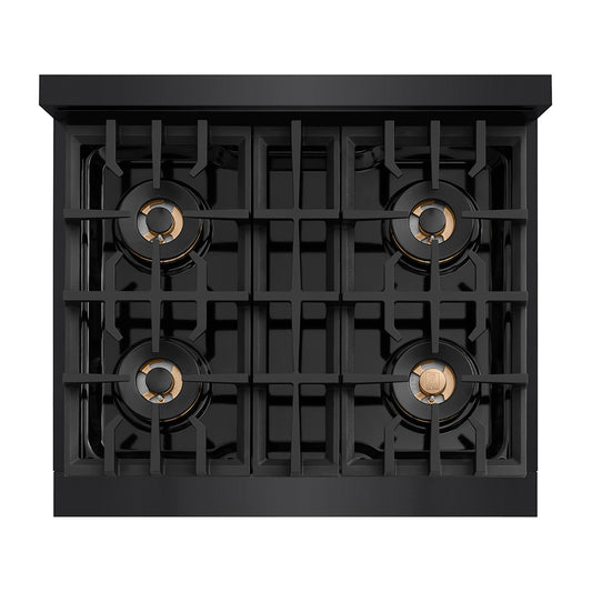 ZLINE 30 in. 4.2 cu. ft. Classic Dual Fuel Range with 4 Burner DuoPro™ Cooktop and Electric Convection Oven in Black Stainless Steel (PCDRB-30) top-down, above cooktop.
