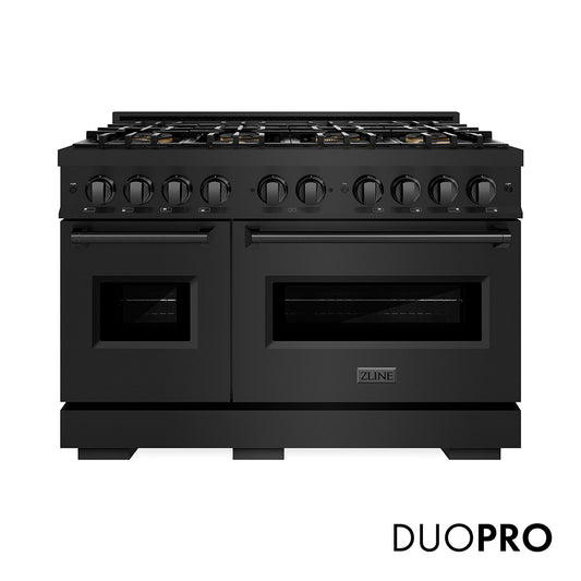 ZLINE 48 in. 6.7 cu. ft. Classic Dual Fuel Range with 8 Burner DuoPro™ Cooktop and Dual Ovens in Black Stainless Steel (PCDRB-48) front, with DuoPro™ logo.