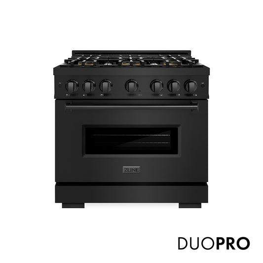 ZLINE 36 in. 5.2 cu. ft. Classic Gas Range with 6 Burner DuoPro™ Cooktop and Convection Gas Oven in Black Stainless Steel (PCGRB-36) front, with DuoPro™ logo.