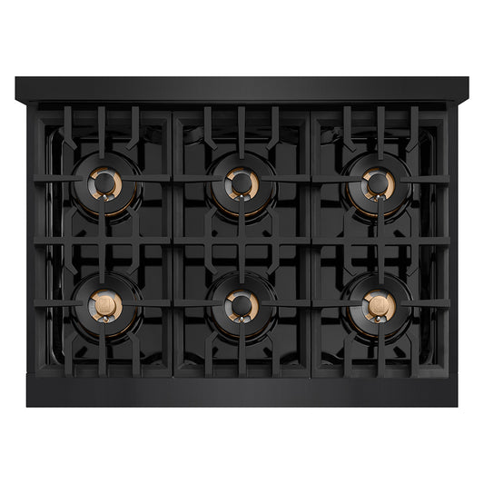 ZLINE 36 in. 5.2 cu. ft. Classic Gas Range with 6 Burner DuoPro™ Cooktop and Convection Gas Oven in Black Stainless Steel (PCGRB-36) top-down, above cooktop.