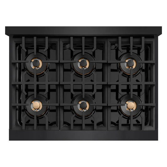 ZLINE 36 in. 5.2 cu. ft. Classic Gas Range with 6 Burner DuoPro™ Cooktop and Convection Gas Oven in Black Stainless Steel (PCGRB-36) top-down, above cooktop.